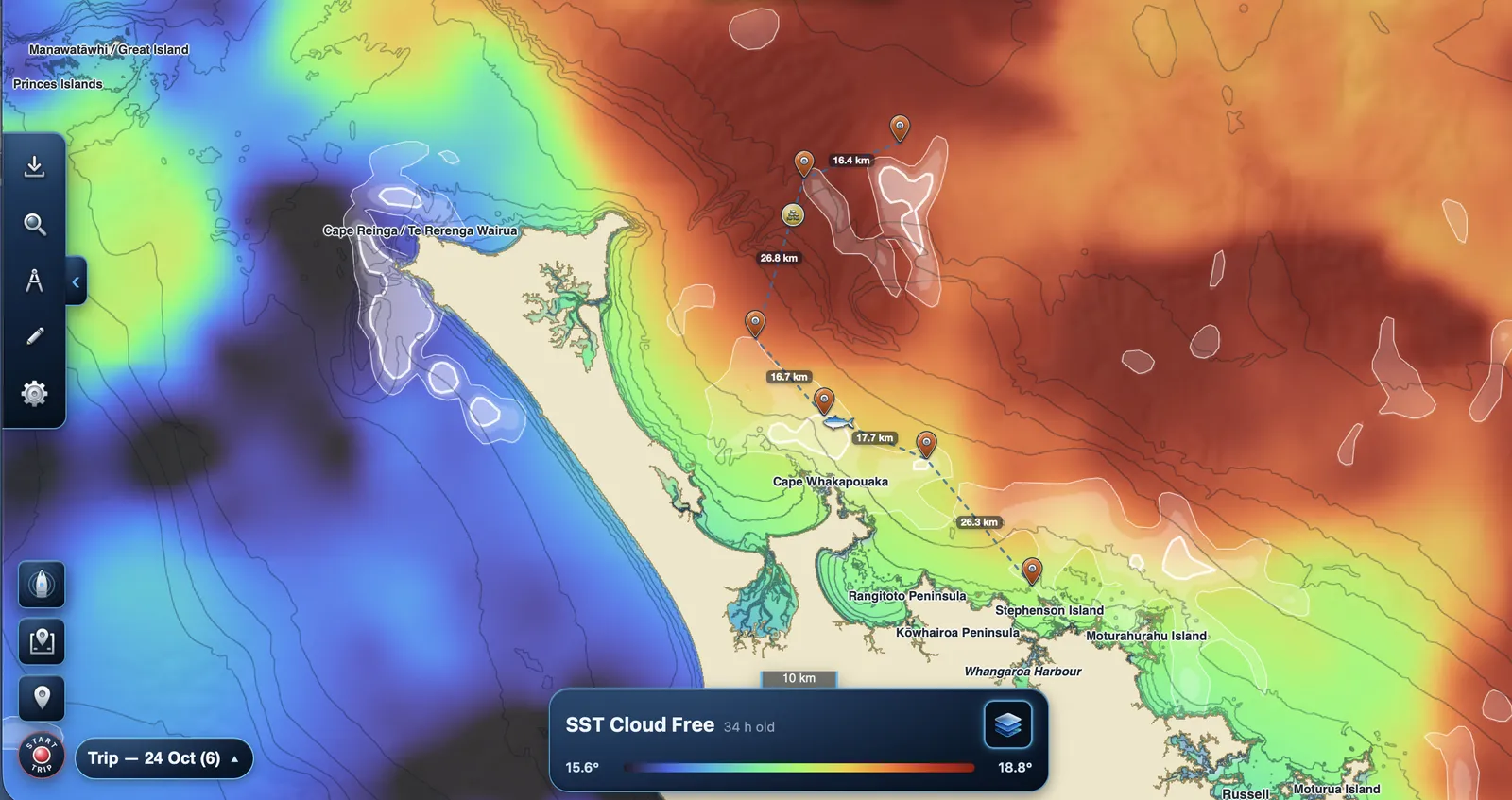 Zone Edges over SST Cloud Free, with a trip's marks and route.