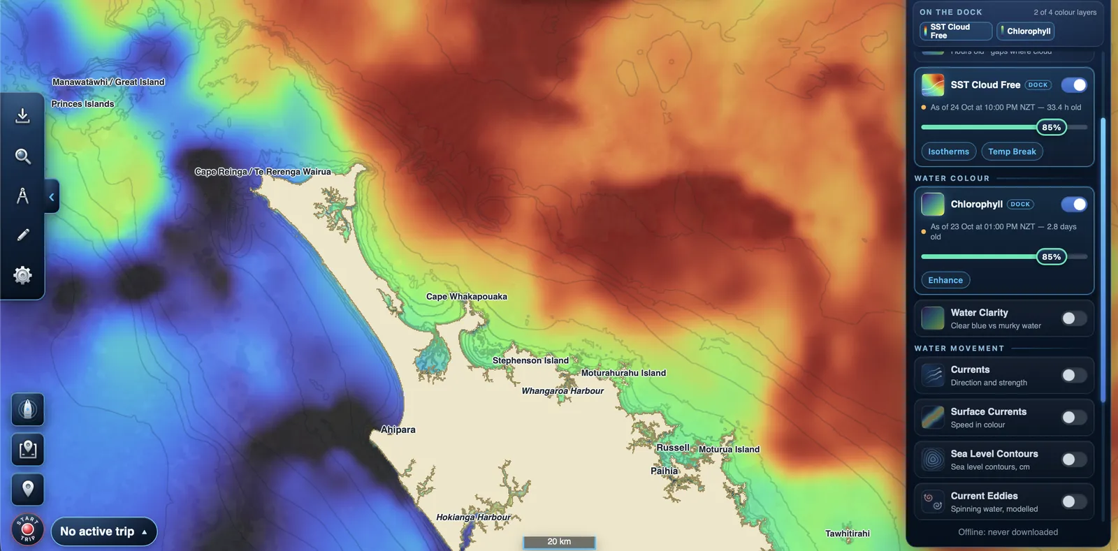 Pro mode: SST Cloud Free and Chlorophyll stacked, with the Layers panel open.