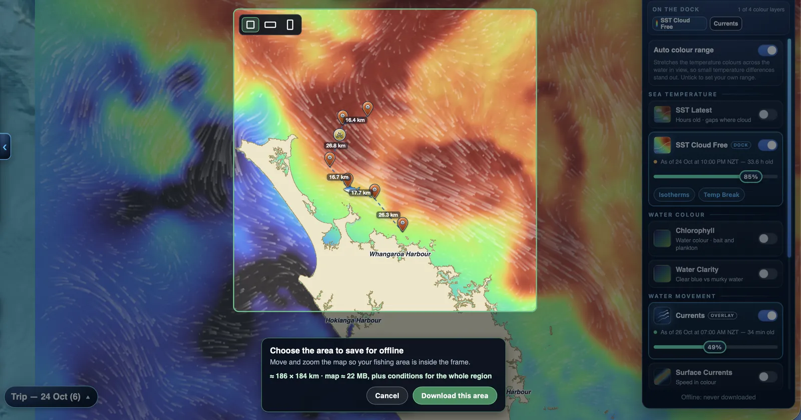 Choosing an area to save for offline, with the size shown before you download.